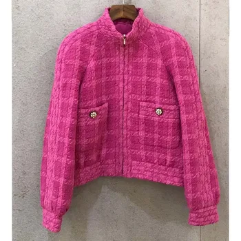 

Cosmicchic 2019 Autumn Winter Runway Tweed Two-Piece Set Violet Retro Fashion Stand Collar Long Sleeve Jackets Cloak Short Coat