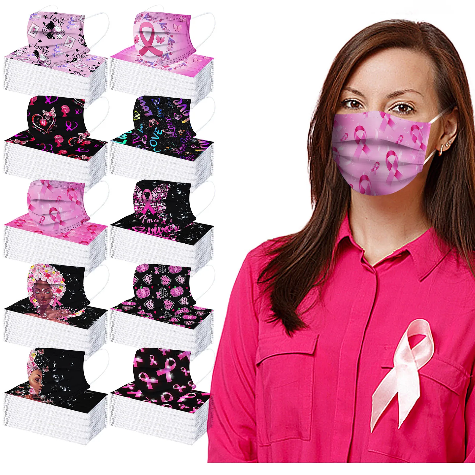 50PCS Adults Disposable Mask Breast Cancer Awareness Hope Ribbon Unisex Mascarillas Masque