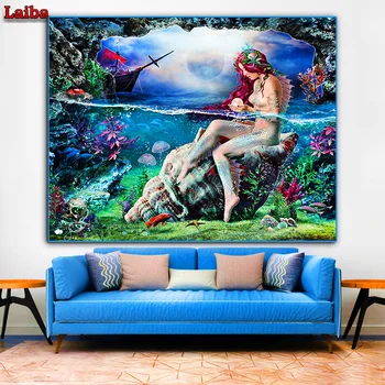 

DIY Diamond Painting kids gift Mermaid On Shell 5D Cross Stitch Diamond Embroidery round Drill Diamond Mosaic Home Decoration