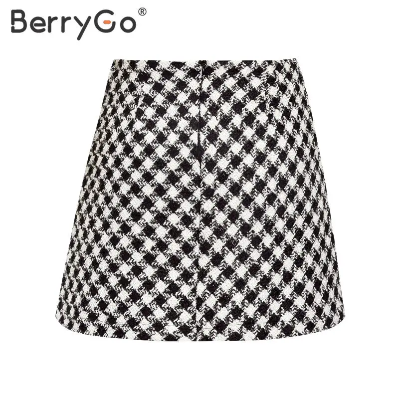 BerryGo Ttweed, клетчатая мини-юбка в ломаную клетку, женская уличная одежда, шикарные офисные женские юбки с молнией сзади, стильные женские юбки трапециевидной формы
