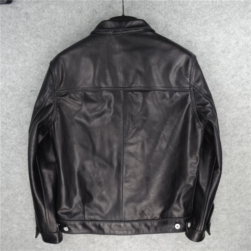

Genuine Leather Mens Jacket Designer Classic Black Single Breasted Cowboy Jacket Fashion High Quality Leather Short Coats Male