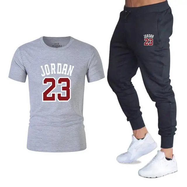 Лидер продаж, летние мужские комплекты, футболки+ штаны, комплекты из двух предметов, повседневный спортивный костюм для мужчин,, Повседневная футболка с принтом Jordan 23, брюки для мужчин - Цвет: gray