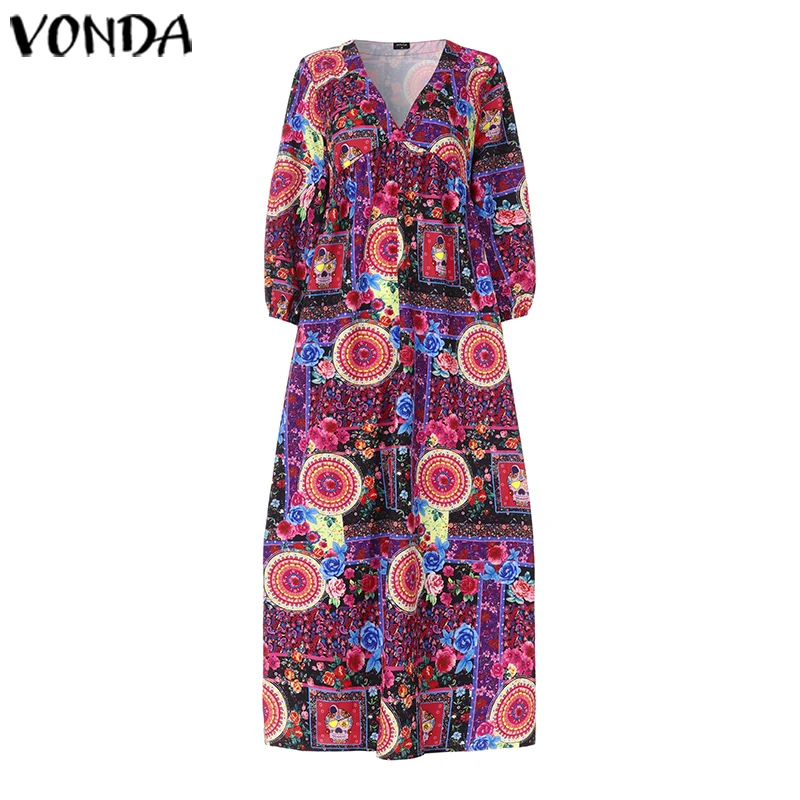 VONDA, женское платье, винтажное, v-образный вырез, богемное, с принтом, длинное, макси, платья размера плюс вечерние, Vestidos, летний сарафан, сексуальное, Femme Robe S-5XL