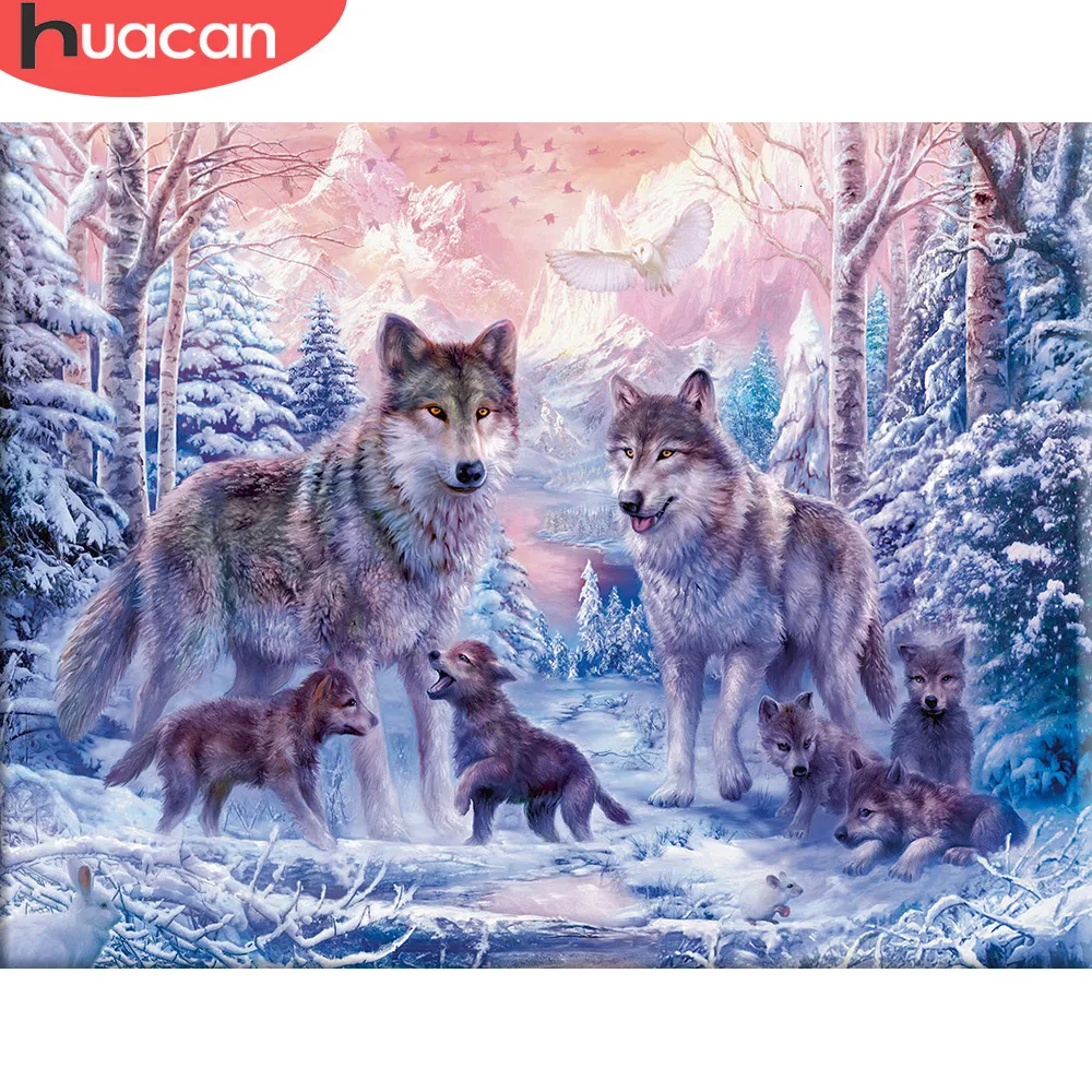 HUACAN Cross Stitch Embroidery Wolf Animal Cotton Thread Painting DIY Needlework Kits 14CT Winter Home Decoration