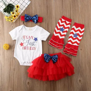 

Newborn Baby Girl My 1st Birthday Short Sleeve Letter Printed Romper Jumpsuit Mesh Bowknot Patchwork Tulle Skirt Dress Outfits