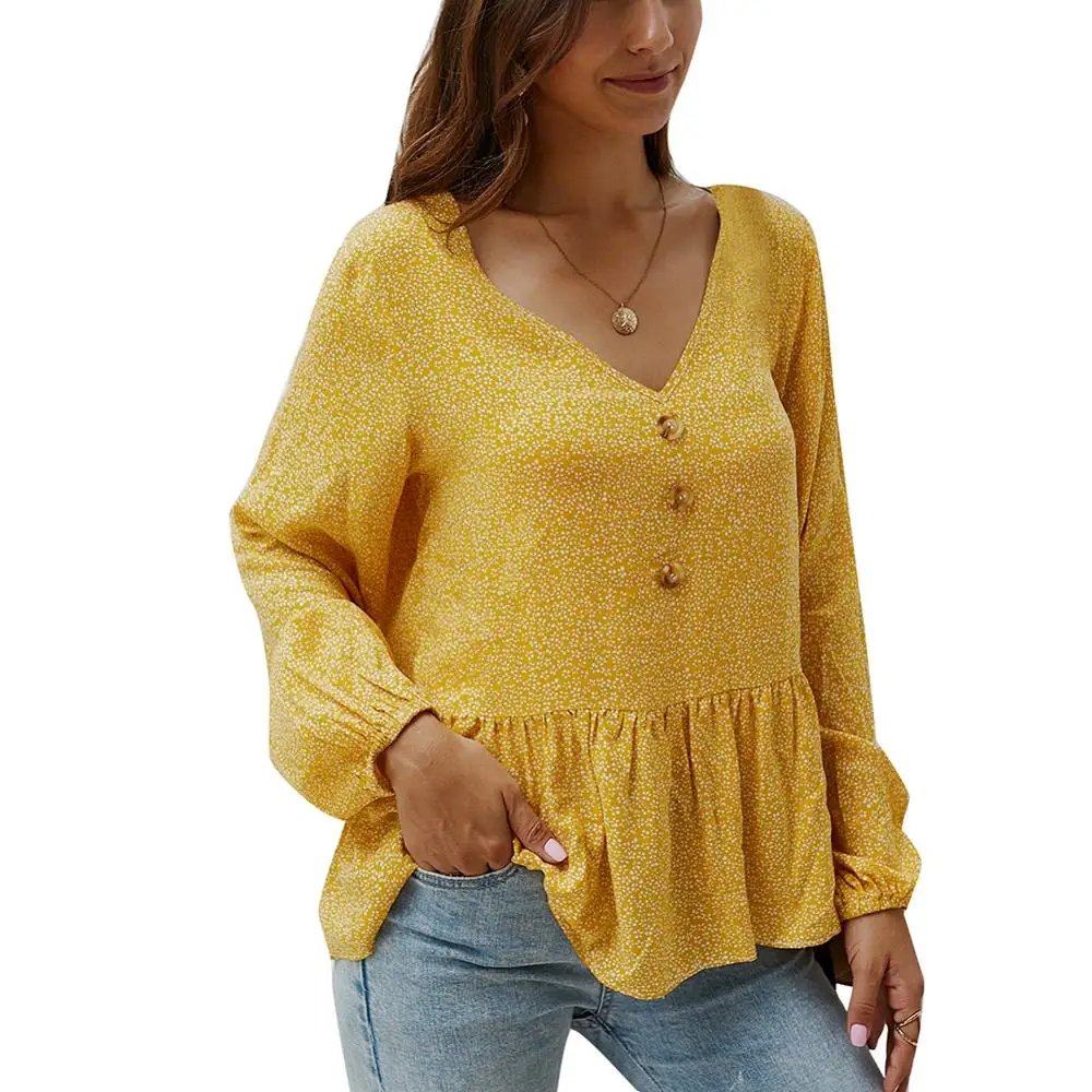 

Floral Women Shirts 2020 Spring Long Sleeve New Sexy V-neck Yellow Print Shirts Office Blouse Chiffon Loose Female Clothes