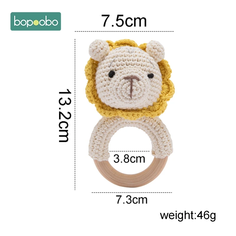 5PC Baby Rattle Toys Cartton Animal Crochet Wooden Rings Rattle DIY Crafts Teething Rattle Amigurumi For Baby Cot Hanging Toy 8