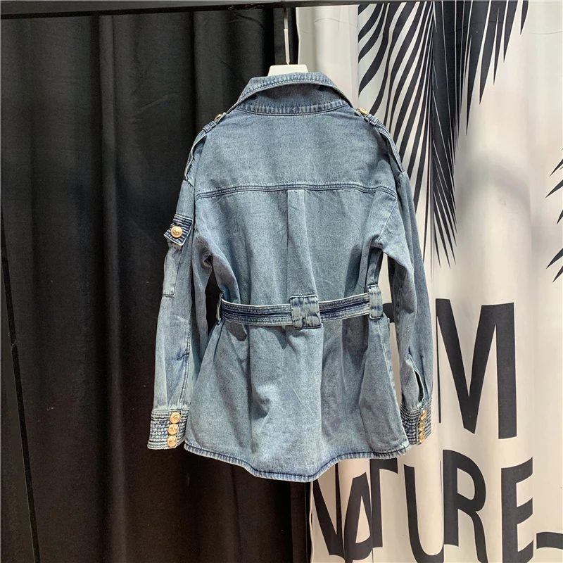 

European Trend Vintage Blue Denim Jacket with Belt Women Autumn Loose Bf Suit Collar Temperament Button Jackets Streetwear Hot