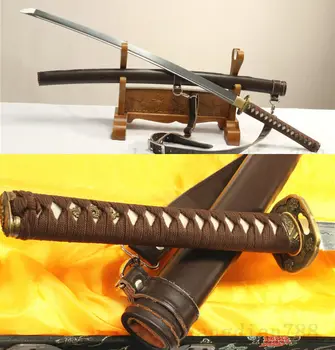 

Damascus Folded Steel Saber Real Leather Japanese Samurai Katana Can Cut Tree