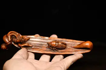 

Home Decor 8" Old Boxwood Pure Hand-Carved Cicada statue Boat incense fork incense burner Backflow incense