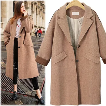 

Women Winter Coats 2019 Winter New Large Size Women's Solid Color Lapel Windbreaker Loose Plus Cotton Long Wool Coat Female
