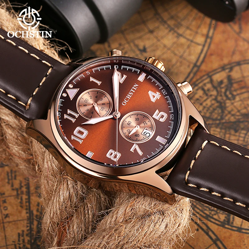 

Ochstin Mens Watches New Fashion Leather Sports Wristwatch Chronograph Quartz Watch Top Brand Men Clock Relogio Masculino