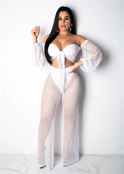 

2019 Women Pants+Tops bodycon Beach See-Through Mesh Sheer jumpsuit Bikini Cover Up
