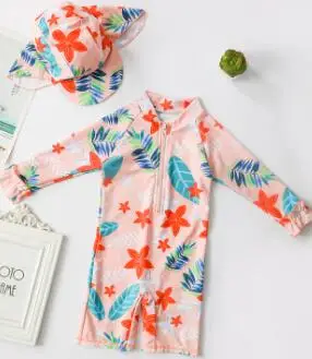 

Children Fashion Two-piece Surf Wetsuit Slim Maple Leaf Print Bodysuit Wide Brim Hat
