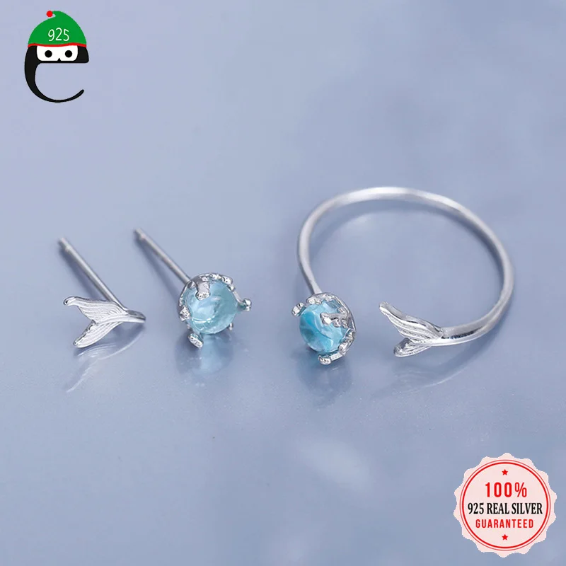 ElfoPlataSi 100% Серебро 925 пробы синяя Хрустальная Русалочка серьги в форме шарика