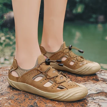 

2020 summer new men's shoes breathable leather Baotou sandals men's soft bottom non-slip cowhide outdoor beach shoes fishing sho