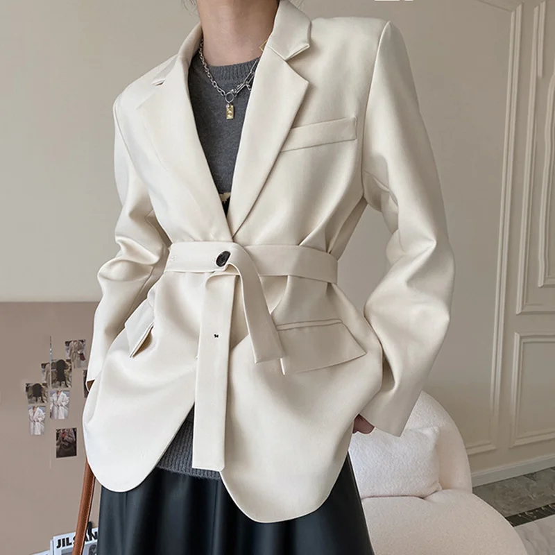 [EWQ] Fashion Solid Color Blazer Women's Winter 2021 New Notched Loose Single Breasted Sashes Long Sleeve Thic Suit Jacket | Женская