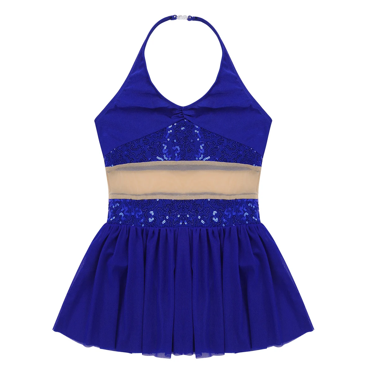 ChicTry Girls Halter Sequin Mesh Stretchy Figure Skating Dress Gymnastics Ballet Leotard Kids Performance Lyrical Dance Costumes