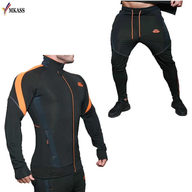 

Hot Men's Tracksuit Sets 2019 Spring Autumn Casual Sportswear Patchwork Color Zipper Hoodies + Pants Sporting Sets Man 2XL