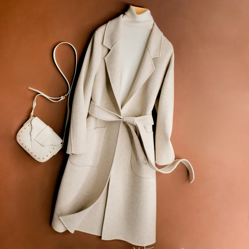 

Пальто женское длинное приталенное из 100% шерсти, бежевые куртки с поясом, осенняя модная Корейская женская одежда, Женская куртка WPY4243