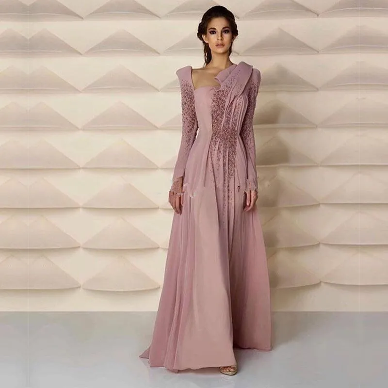 

Middle East Style Muslim Evening gown with Long Sleeve Pearls Skin Pink Long Formal Women Arabic mother of the bride dresses