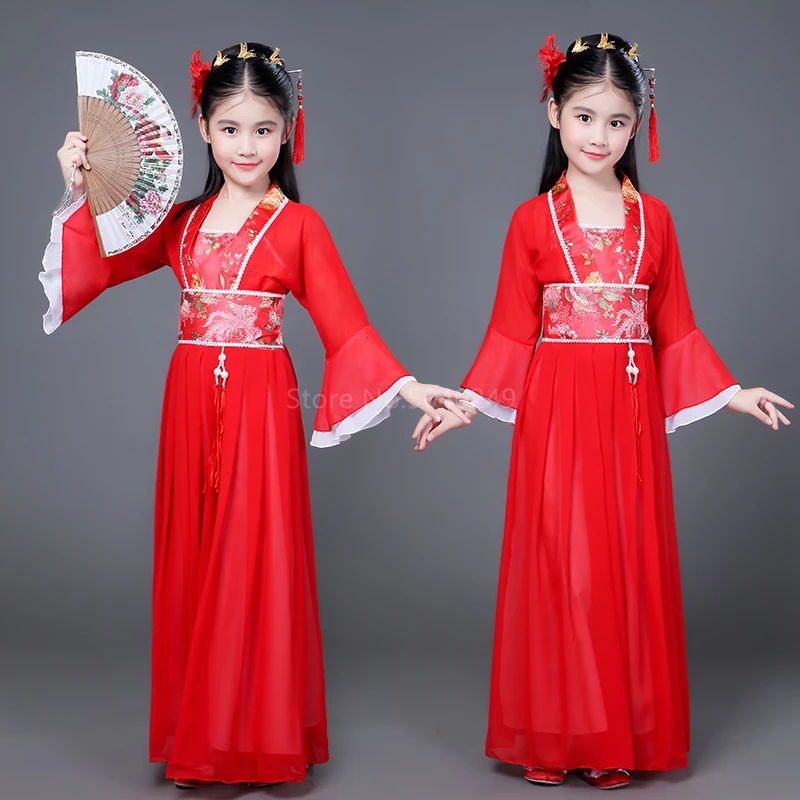 Hanfu Традиционный китайский национальный костюм для детей, сказочный костюм для девочек, народное платье, костюм для танцев в древнем стиле, Детский костюм танга, сценический костюм