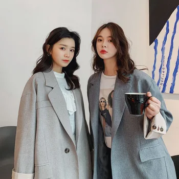 

Photo Shoot CHIC South Korea Early Spring Contrast Color Revers da xiu kou Gray Ol Suit Oversize Middle Long Coat Women's