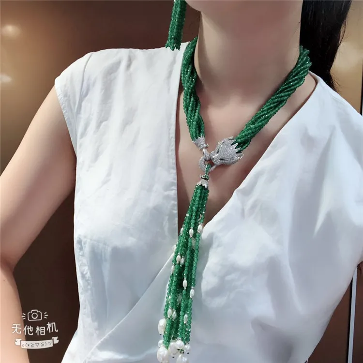 

12 Strands 4mm Faceted Round Green Agates Tassel CZ Pave Pendant Long Necklace