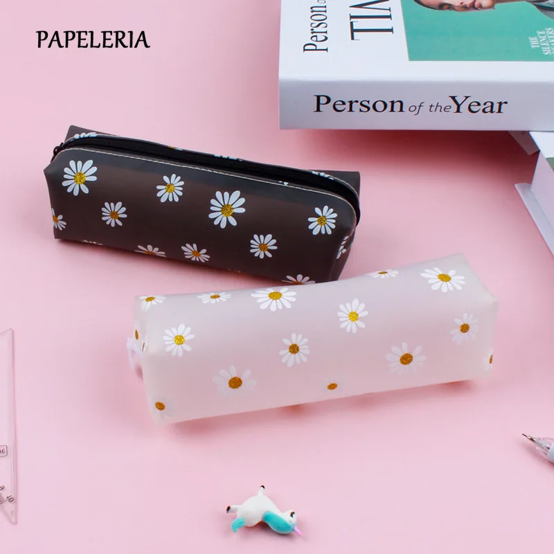 

PAPELERIA Kawaii Daisy Transparent Pencil Case Cute Girls Pencil Pouch Student Pencil Bag Creative Stationery School Supplies