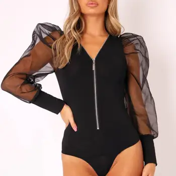 

Leisure Women Clubswear Jumpsuit Summer Deep-V Mesh Splicing See Long Sleeve Through Bodycon Bodysuit Stylish Tops Clothing