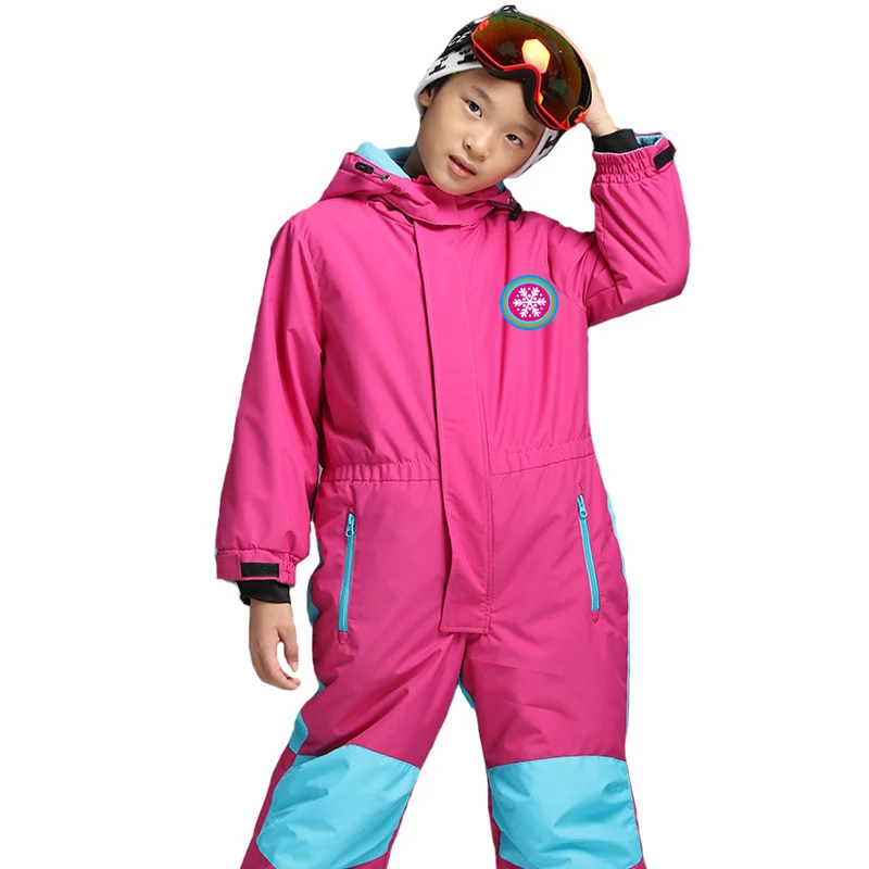 Зимние лыжные комбинезоны для мальчиков теплые флисовые комбинезоны с капюшоном для девочек, ветрозащитные спортивные сноубордические Детские Лыжные пижамные комбинезоны - Цвет: Rose