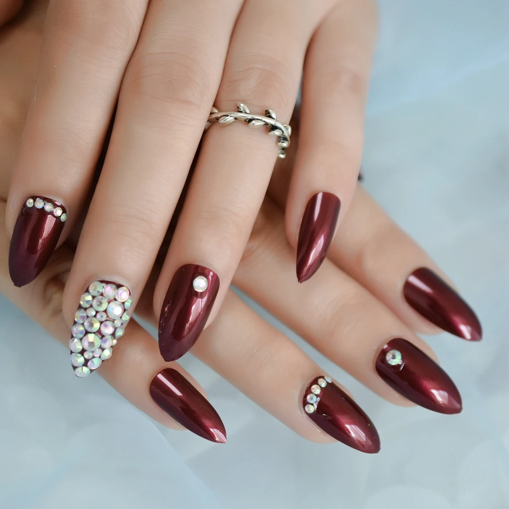 Dark White Red Nail Tips 3d Jewelery French Stiletto Press On False Nails  Glossy Gel Fake Fingers Nails For Party Salon Home - False Nails -  AliExpress