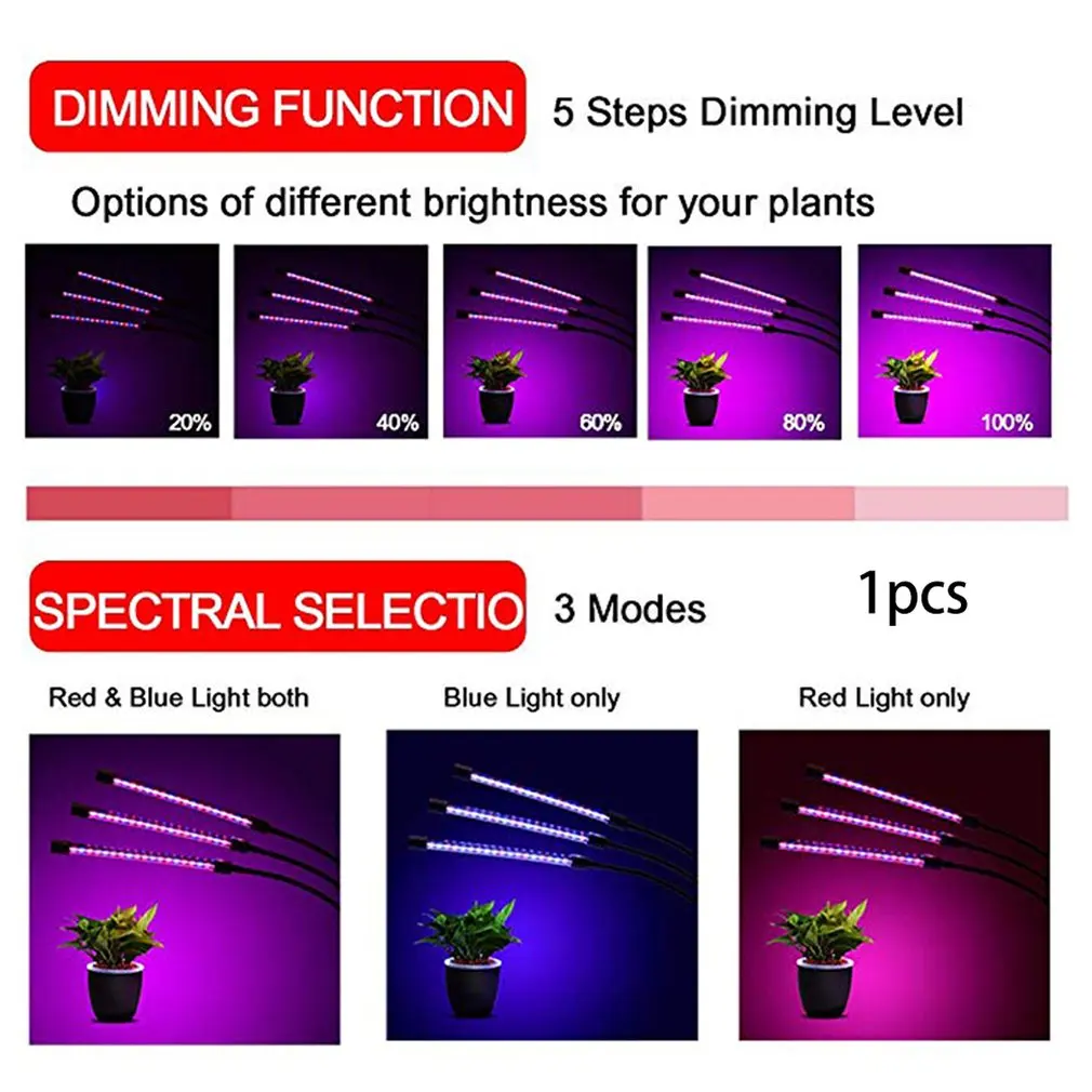 3 головки, 3 трубки, 56Led лампа для роста растений, Профессиональный светильник для растений, светильник для заполнения растений, суккулентная лампа