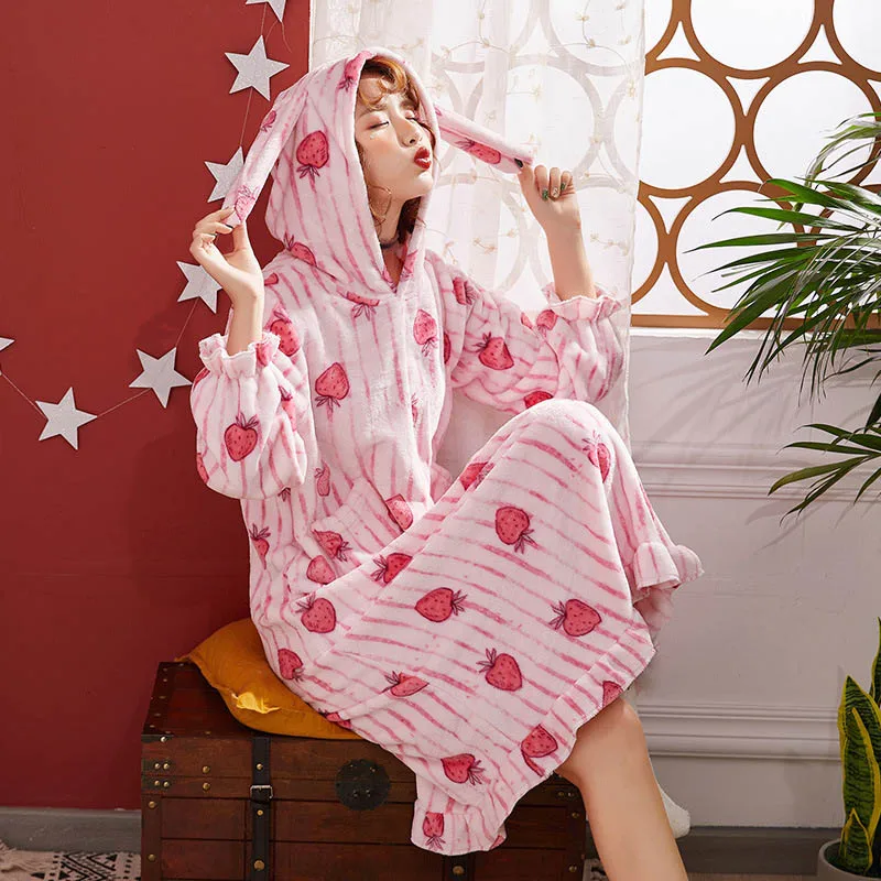 New Women Nightgown Winter Night Skirt Leisure Home Clothes Long SleeveThicken Warm Flannel NIghtgown for Women Home Service