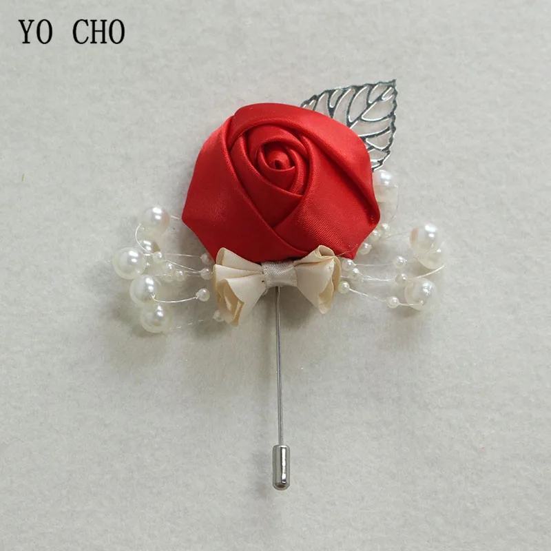 Di Alta Qualità Di Seta Rosa Rossa Da Sposa Spille Uomini Fiore All'Occhiello Argento Foglie Di Decorazione Con La Perla Accessorio Di Abito Rosa Ross