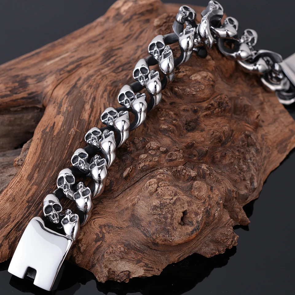 Bracciale Da Uomo In Pelle E Chiusura Con Giglio E Teschio Cubo In Acciaio - Foto 9