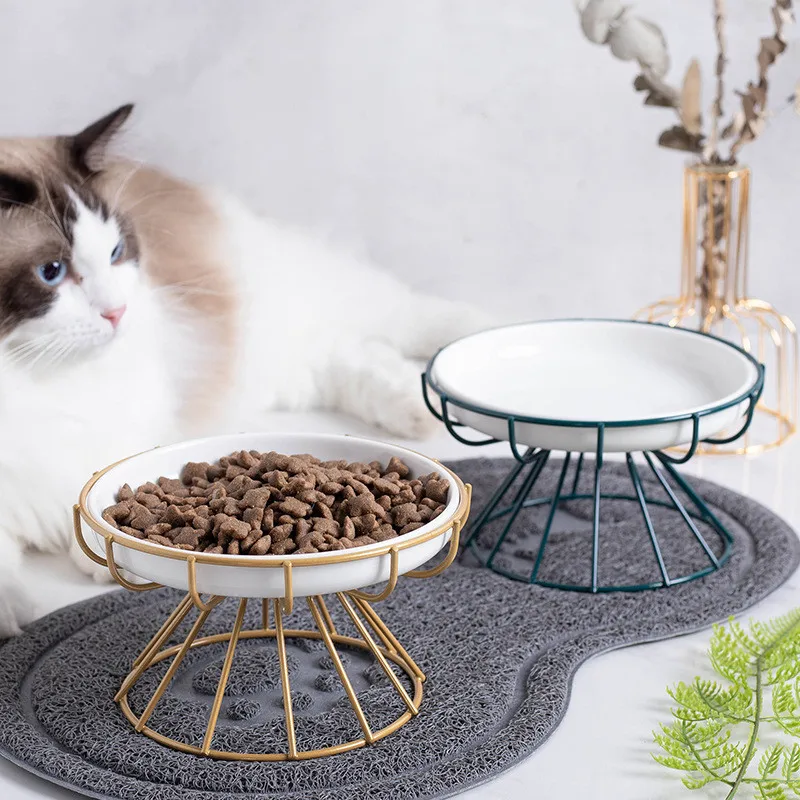 

New Ceramic Pet Bowl Cat Food Feeding Double Dish Stainless Steel Raised Stand Kitten Dog Water Feeder Durable Pet Accessories