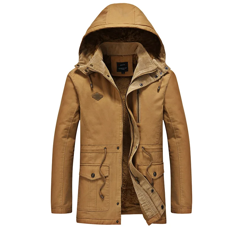 

New Style Autumn & Winter Brushed And Thick Hooded Mid-length Pure Cotton Washing Coat Men's Casual Large Size Jacket Men's