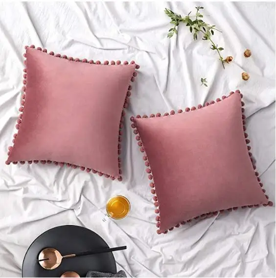 Velvet Decorative Cushion with Ball Home Decor Sofa Pillowcase  Pure Color Drop Ball Plush Car Home Office Throw Pillowcase 