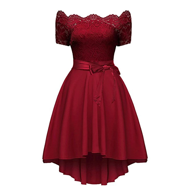 Элегантное Красное Кружевное платье для женщин в стиле пэчворк с вырезом лодочкой и коротким рукавом с поясом, платье-туника, летнее сексуальное вечернее платье для девушек