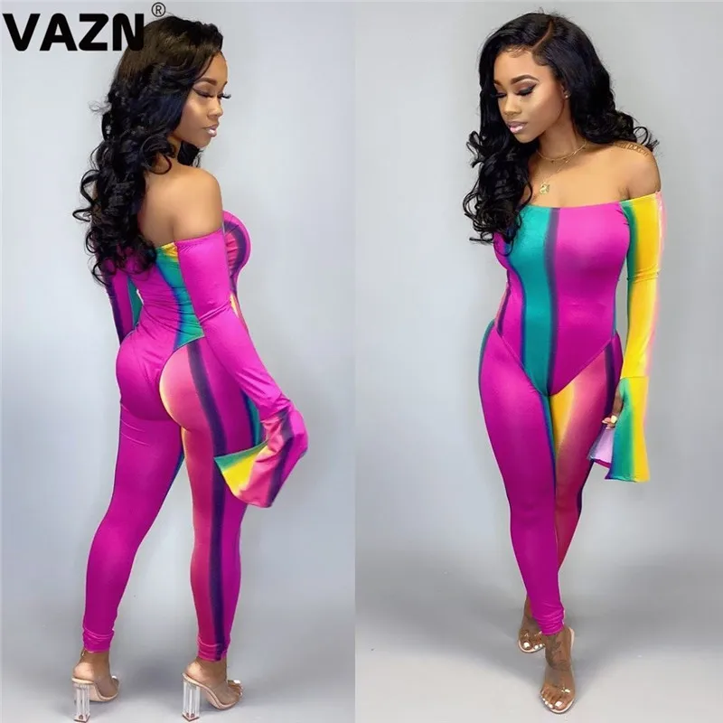 VAZN Striped Slash-Neck Long Jumpsuit Color Casual Club New Fashion High Street Jumpsuits Bodycon Colorful Long Pants