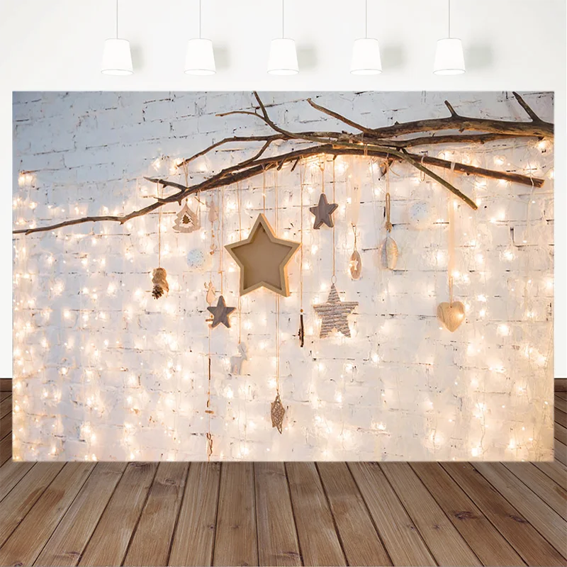 

Christmas Photography Background Stars Branches White Brick Wall Backdrop Warm Light Decoration Props Banner For Photo Studio