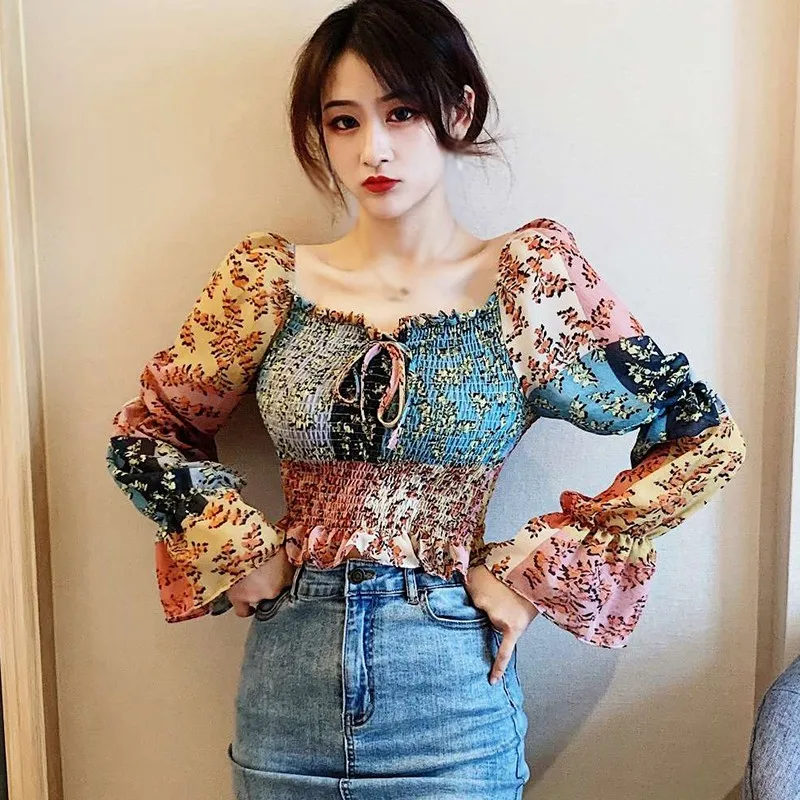 Women Blouses Sexy Korean Floral Patchwork Color Long Sleeve Chiffon Blouse One Size Femmes Shirt black long sleeve top