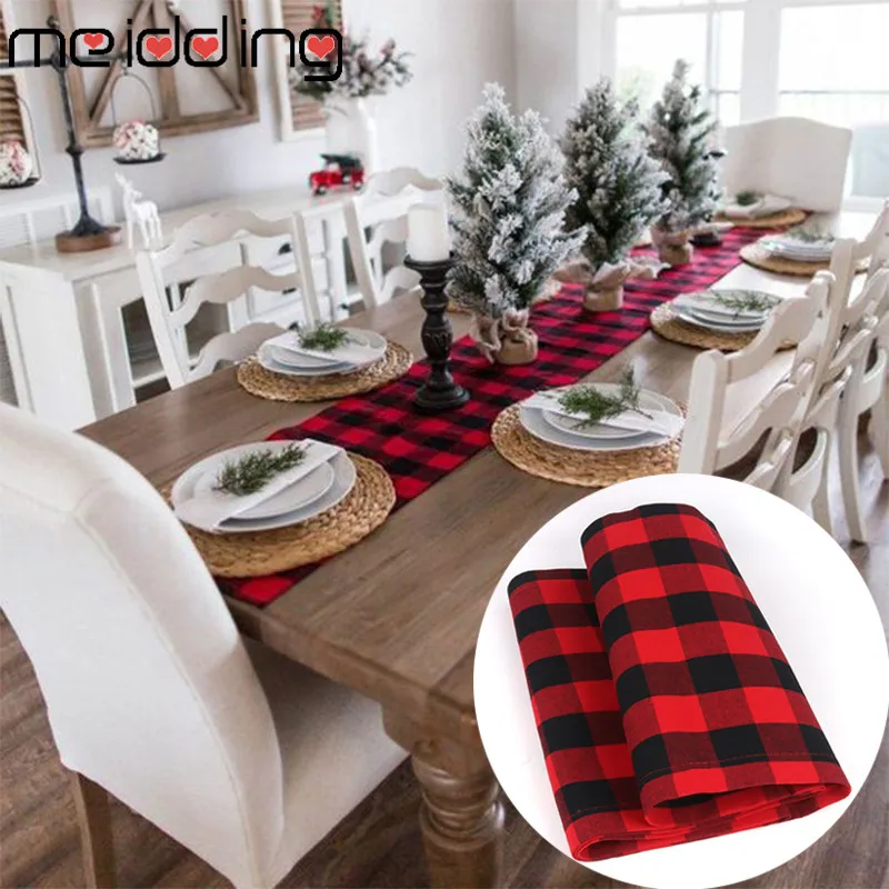 

2019 Christmas Party Table Decorations Polyester Cotton Jacquard Table Flag Happy New Year Party Tablecloth Red Lattice Decor