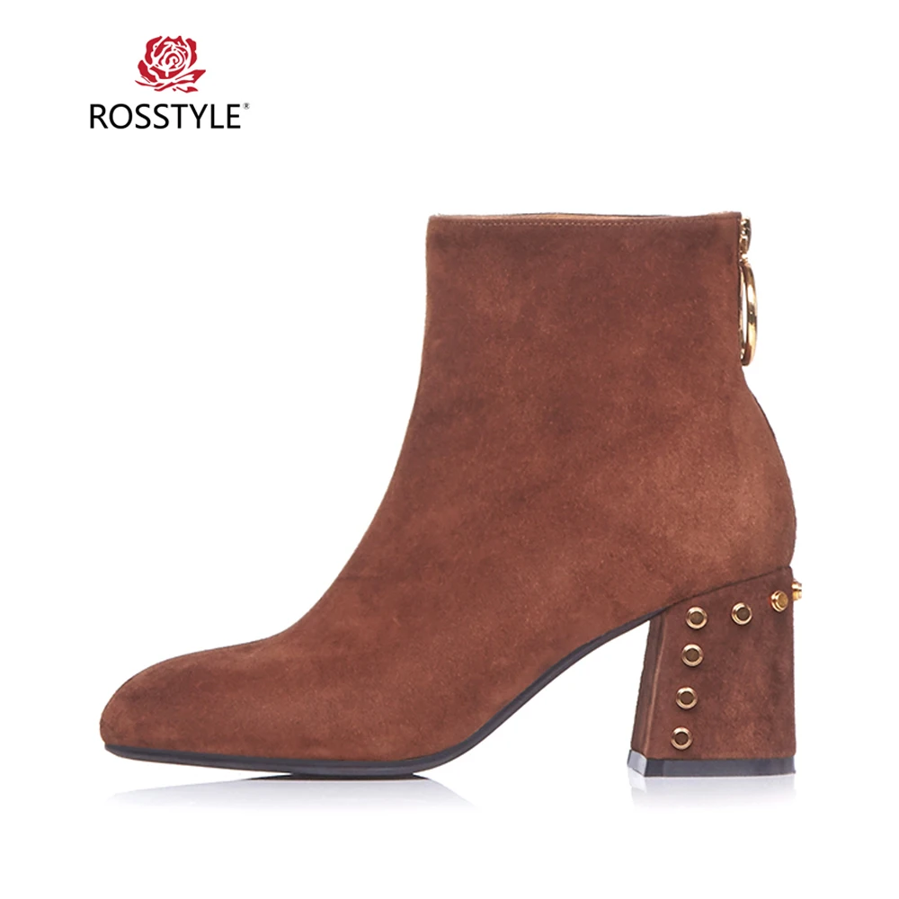 

ROSSTYLE Handmade Woman Winter Ankle Boots High Quality Genuine Leather Round Tor Square Heel Shoes Solid Zipper Elegant Boots