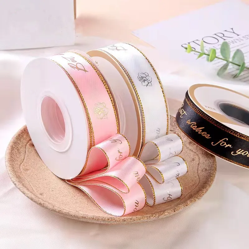 5 Meters/Roll 2.2CM Gold Edge Printed Pink Satin Ribbon For Luxury Gifts Packing Festival Wedding Flower Cake Decor | Дом и сад