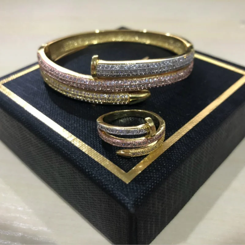 Высокое качество Полный циркон очаровательный золотой цвет для женщин двойной слой манжеты ногтей браслеты Элегантный Панк браслет и браслет для женщин