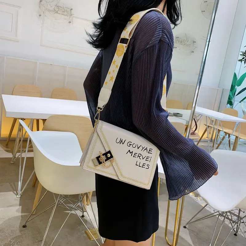 

New Arrival Bag WOMEN'S Bag New Style 2019 Summer Korean-style Broadband Shoulder Bag Lettered Textured Shoulder Square Sling Ba