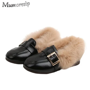 

Boys Girls Leather Shoes With Buckle Classic Winter Cotton Kids Shoes Warm Children Patent Leather Flats Hairy Fur Soft 21-36