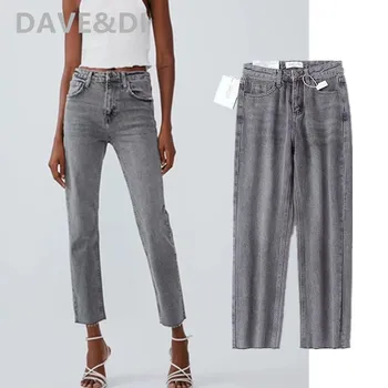 

Dave&Di england style basic solid gray vintage mom jeans woman high waist jeans regular straight burrs boyfriend jeans for women